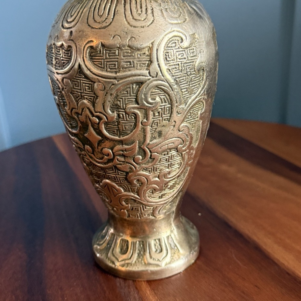 Heavy Cast Brass Asian Inspired Sculptural Vase Form Open Bottom 9" - Picture 6 of 13